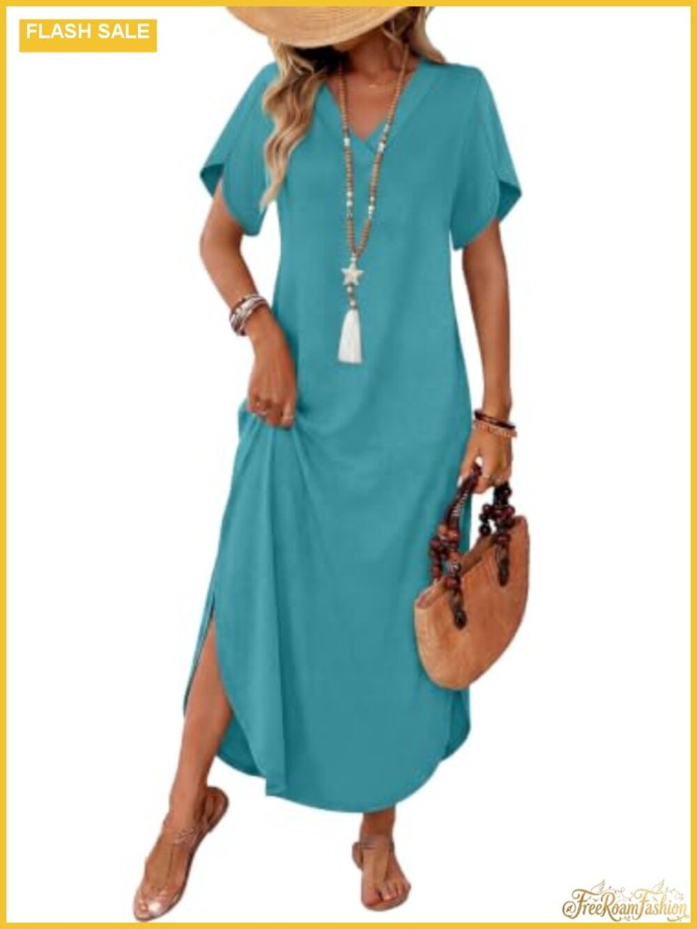 Womens V Neck Maxi Dress Short Sleeve Side Slit Pockets Casual Summer Beach